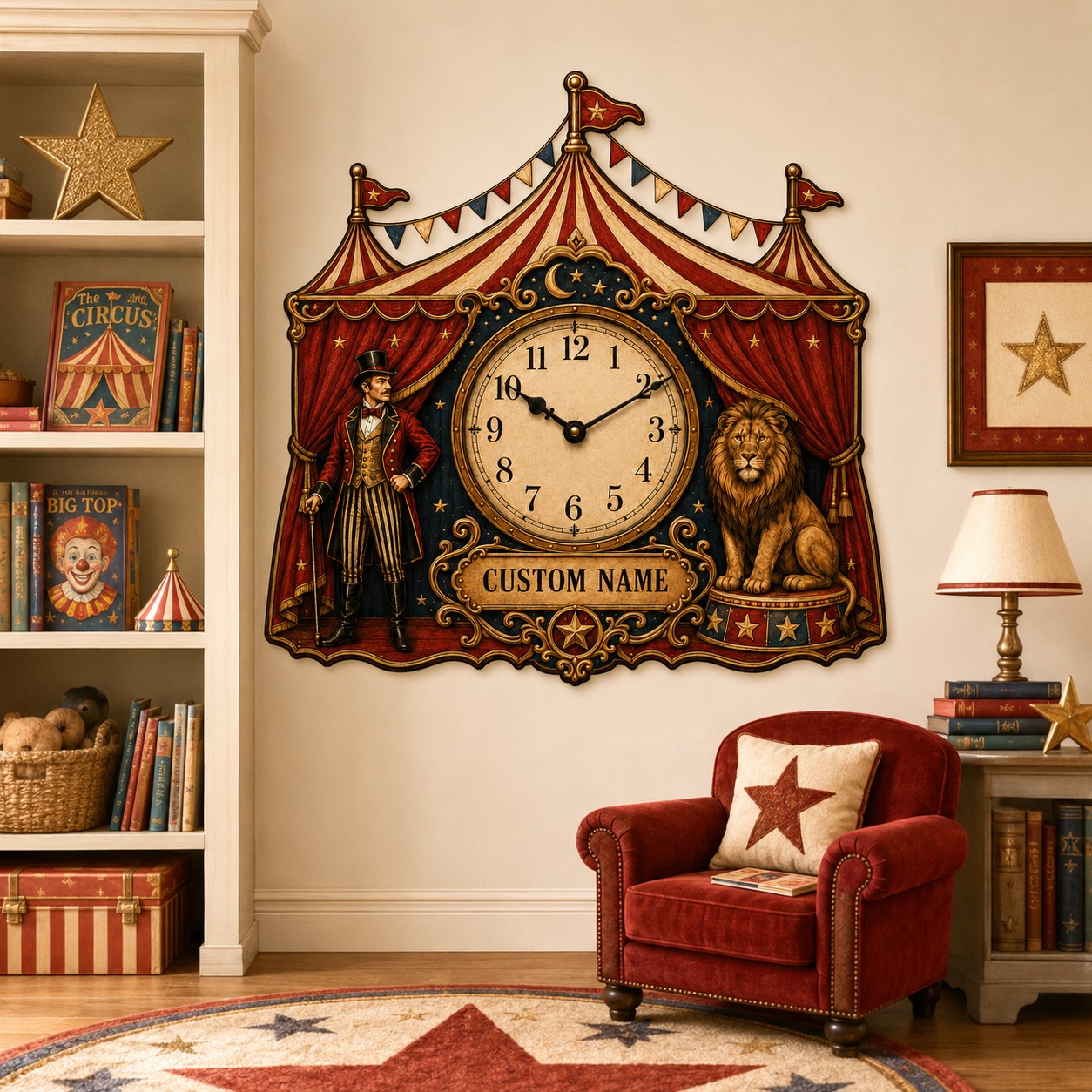 Circus tent Custom Name Wall Clock — personalized with a custom name