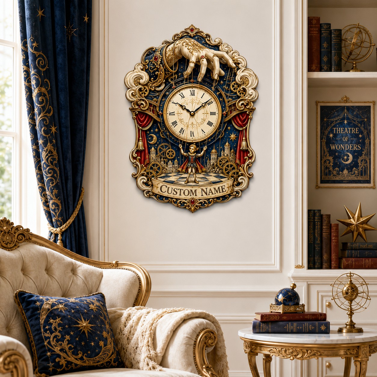 Personalized Celestial Puppet Master Wall Clock with Custom Name — personalized with a custom name