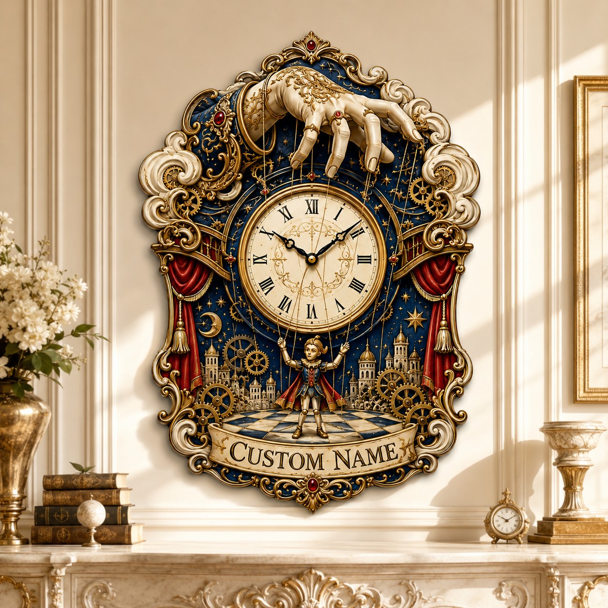 Personalized Celestial Puppet Master Wall Clock with Custom Name — personalized with a custom name