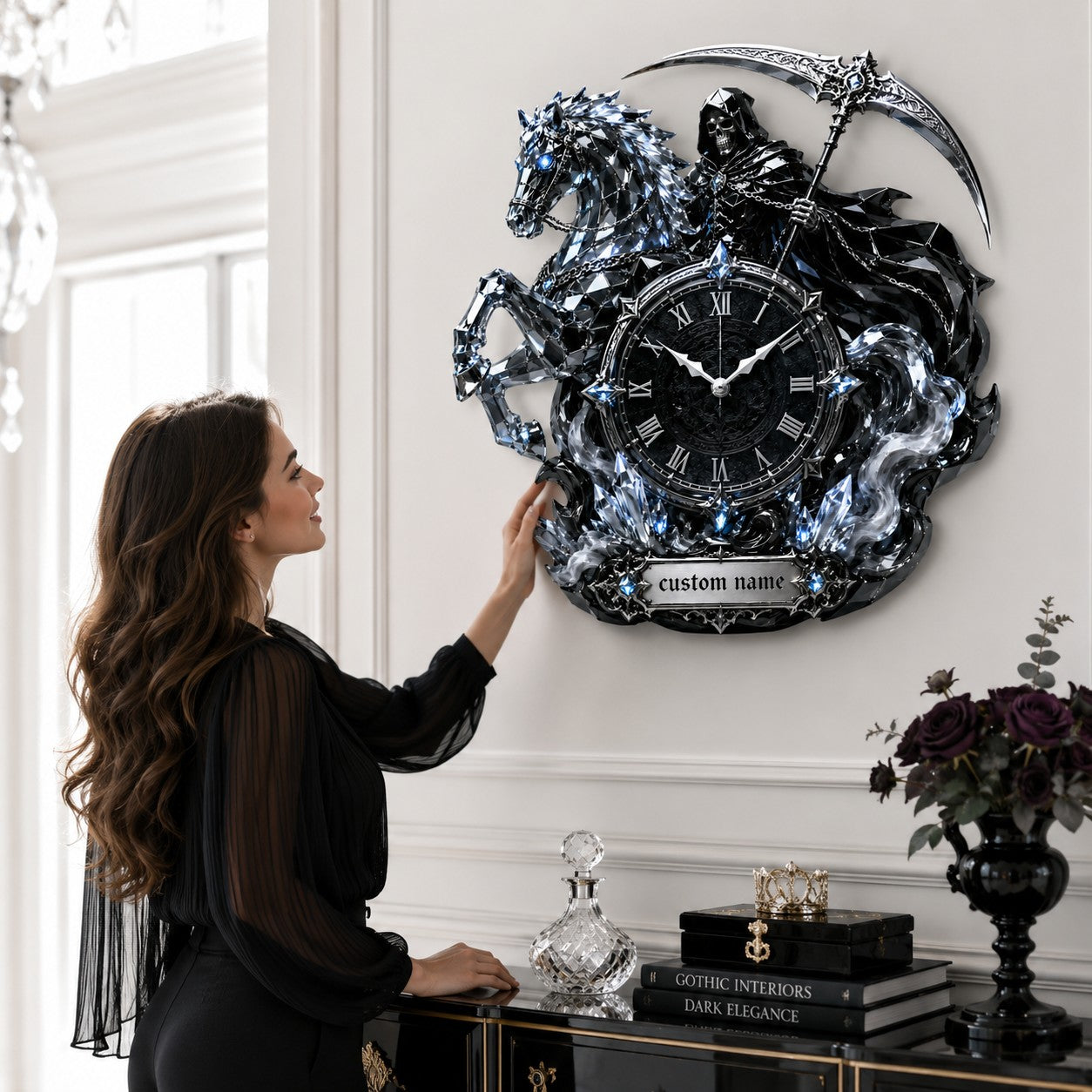 Personalized Grim Reaper and Crystal Horse Wall Clock with Custom Name — personalized with a custom name