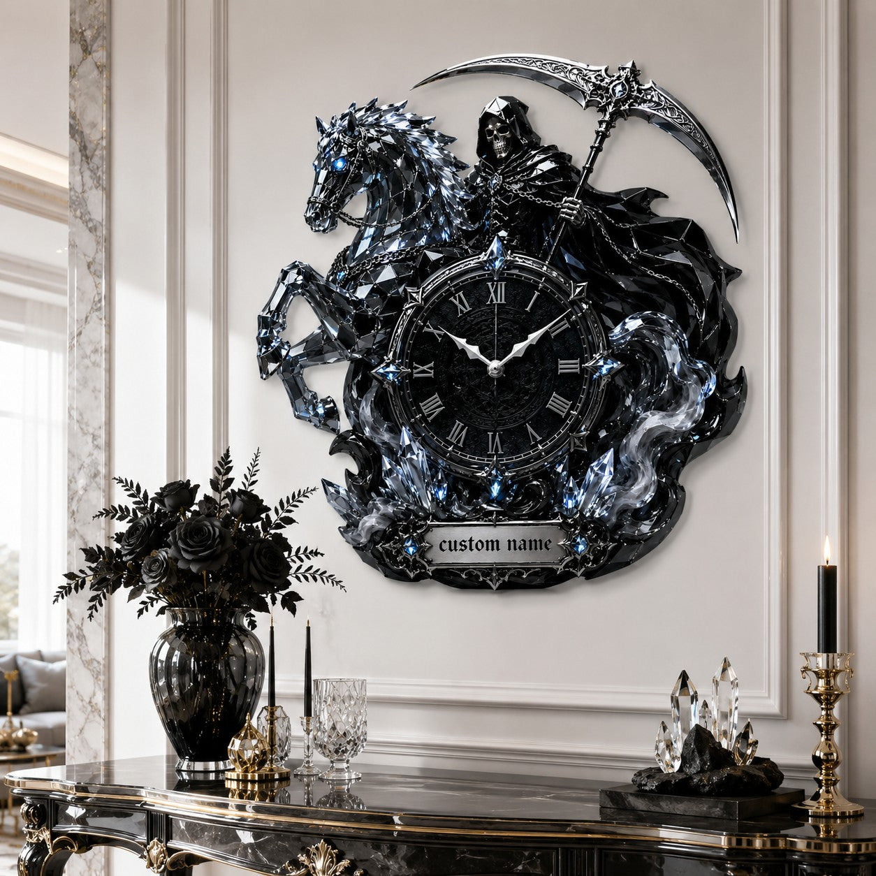 Personalized Grim Reaper and Crystal Horse Wall Clock with Custom Name — personalized with a custom name