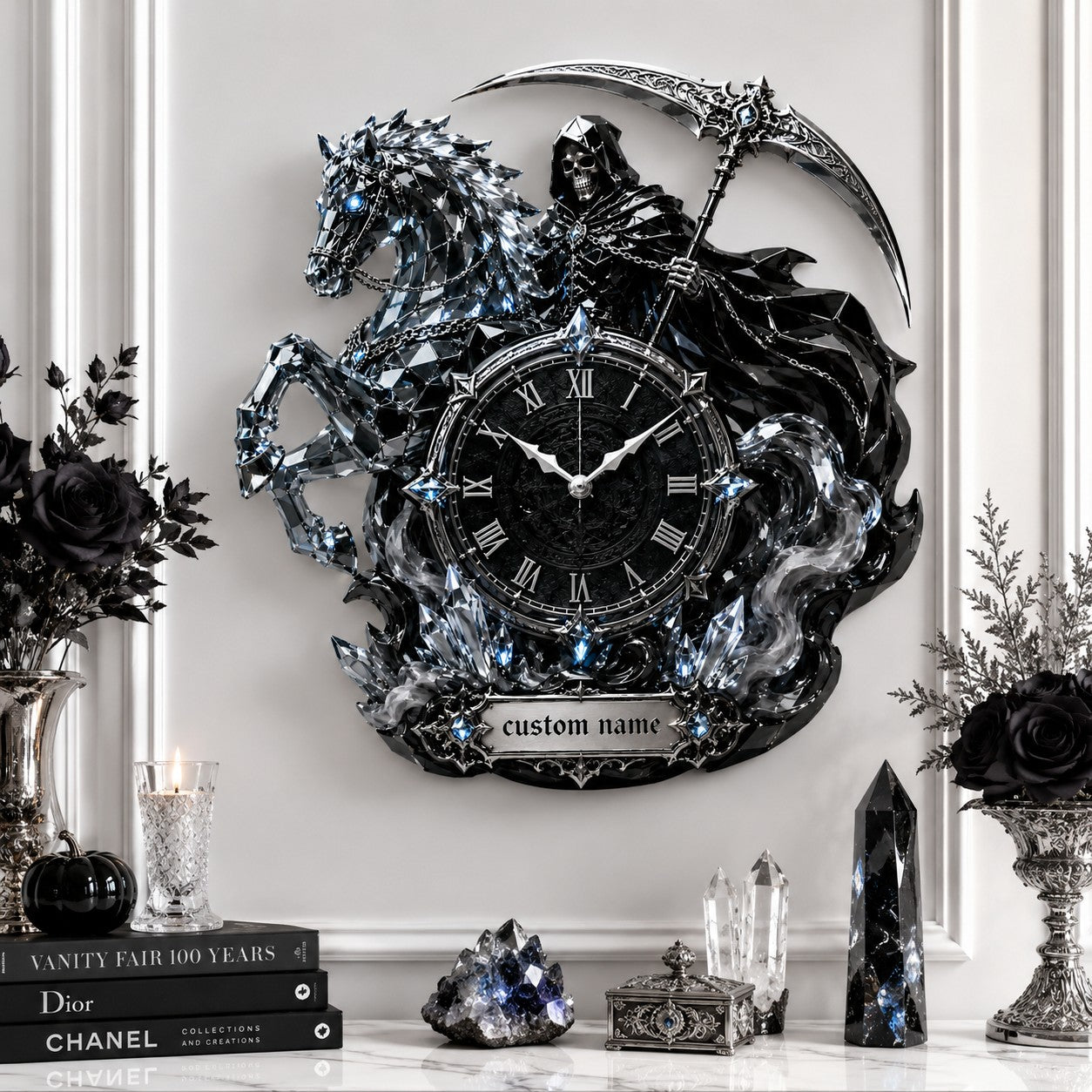 Personalized Grim Reaper and Crystal Horse Wall Clock with Custom Name — personalized with a custom name