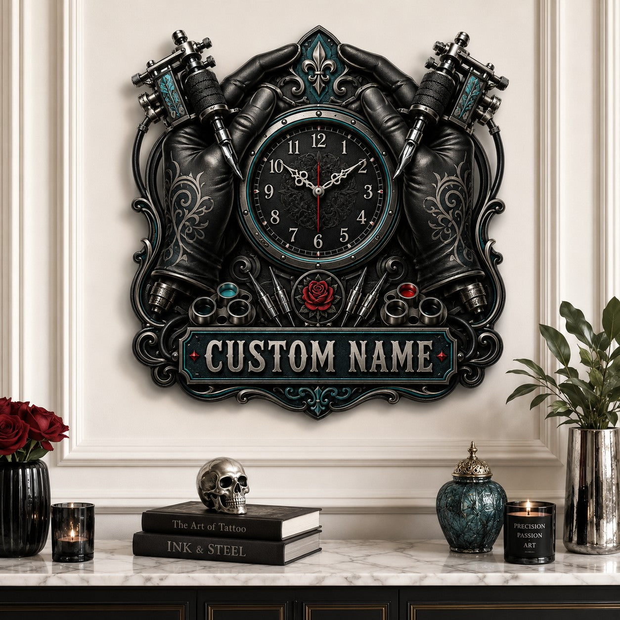 Personalized Tattoo Gloves Wall Clock with Custom Name — personalized with a custom name