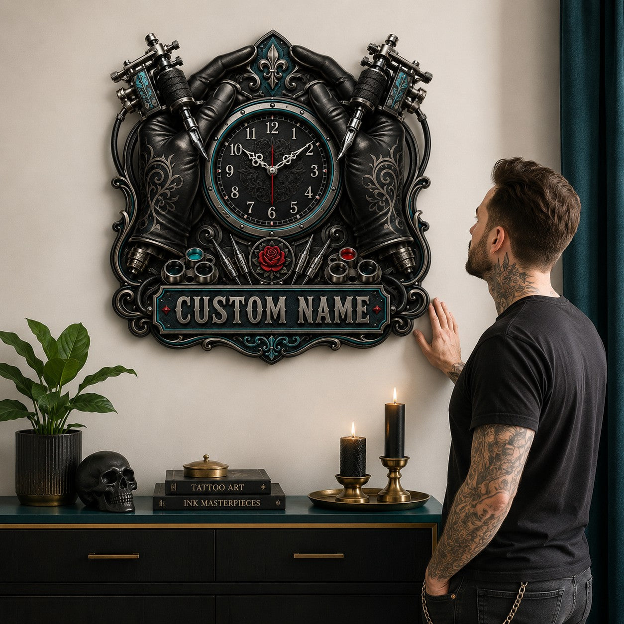 Personalized Tattoo Gloves Wall Clock with Custom Name — personalized with a custom name