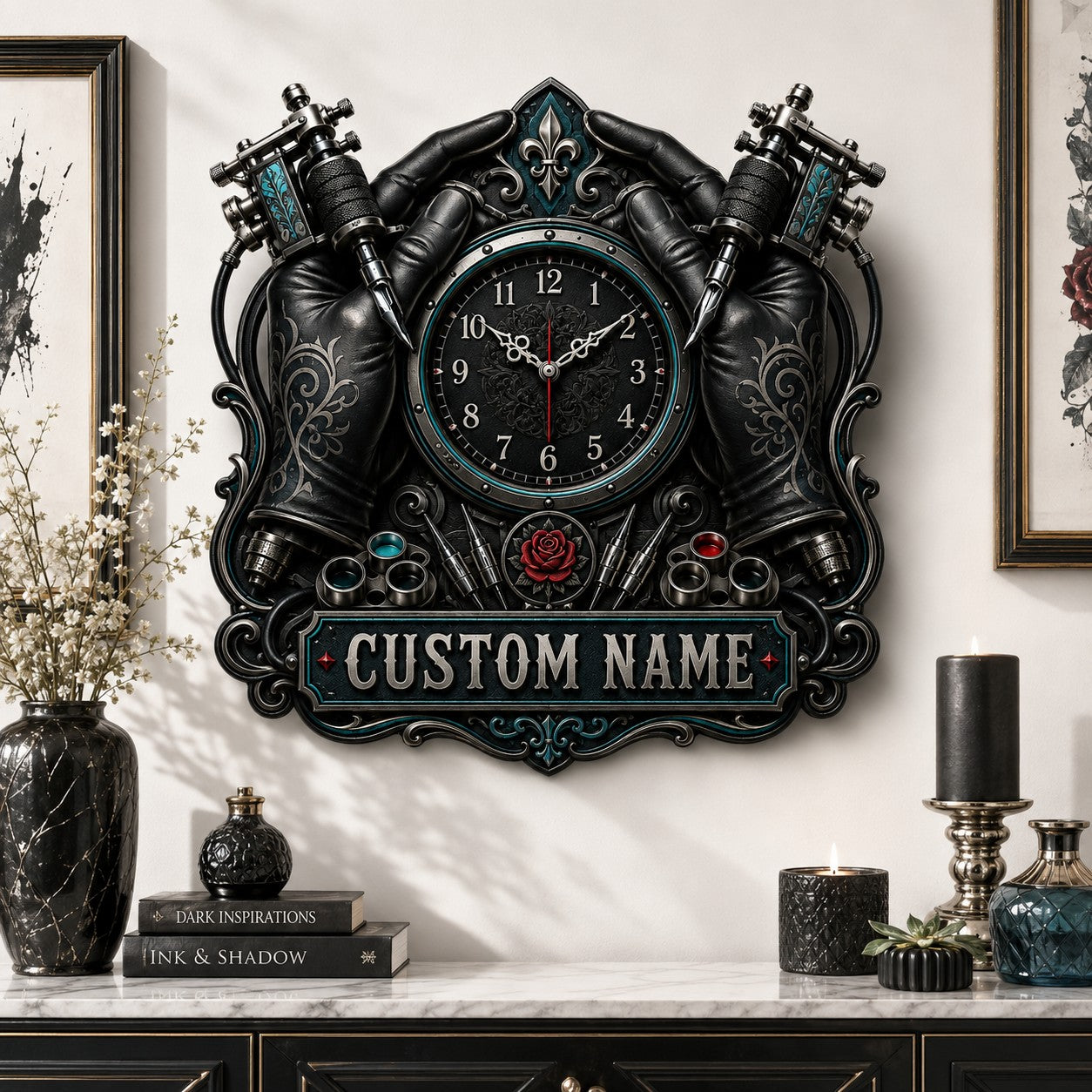 Personalized Tattoo Gloves Wall Clock with Custom Name — personalized with a custom name