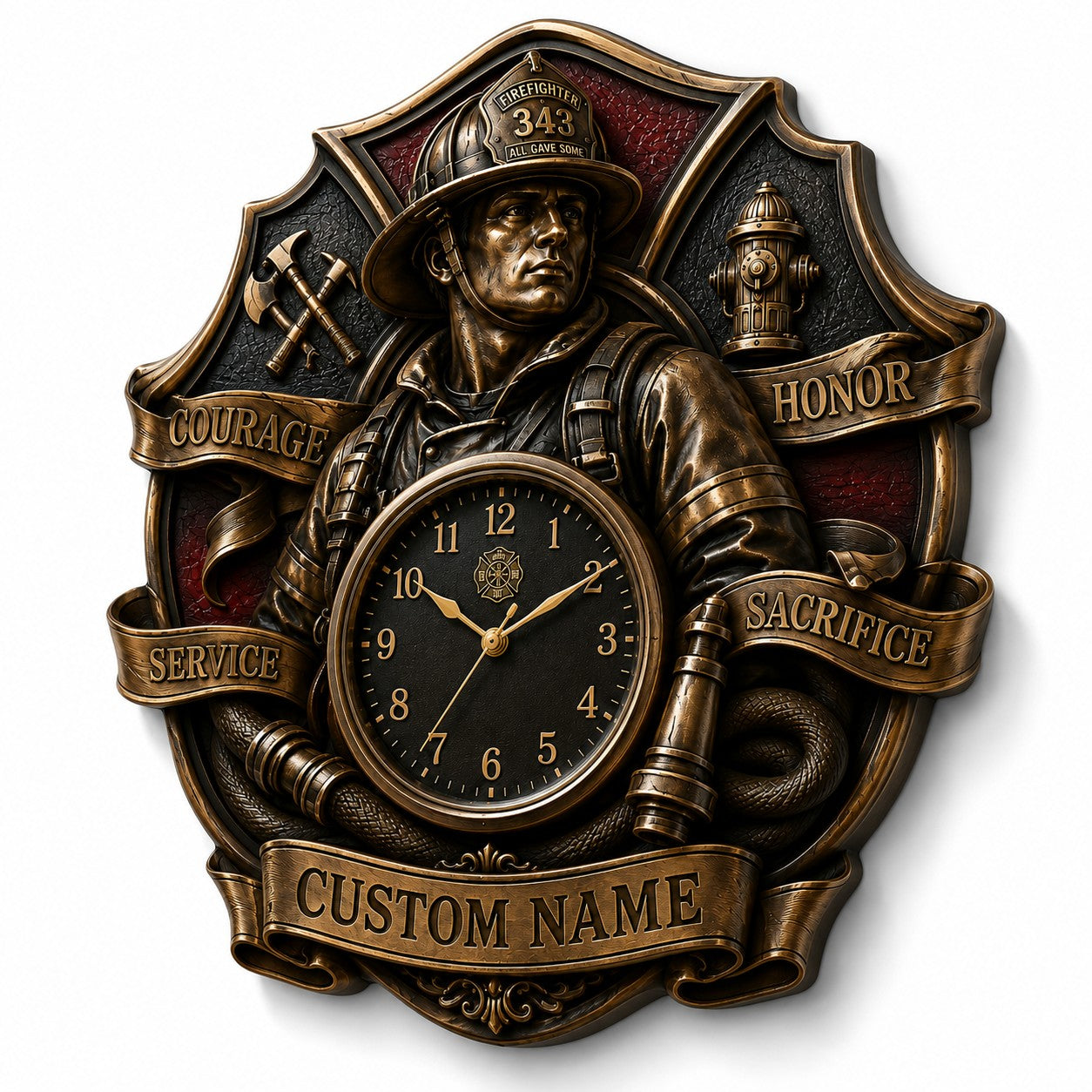 Personalized Firefighter Recognition Wall Clock with Custom Name — personalized with a custom name
