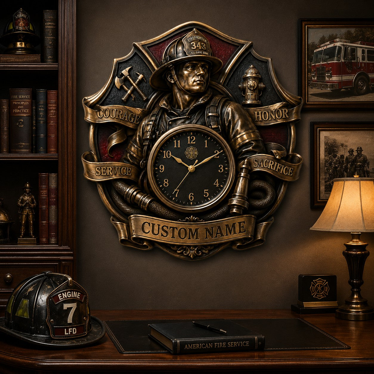 Personalized Firefighter Recognition Wall Clock with Custom Name — personalized with a custom name