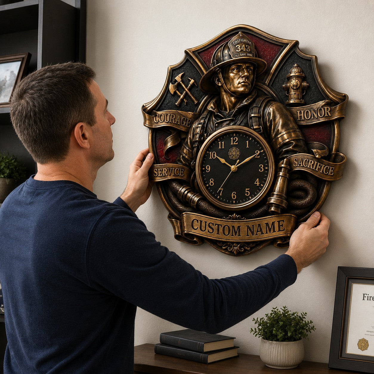 Personalized Firefighter Recognition Wall Clock with Custom Name — personalized with a custom name