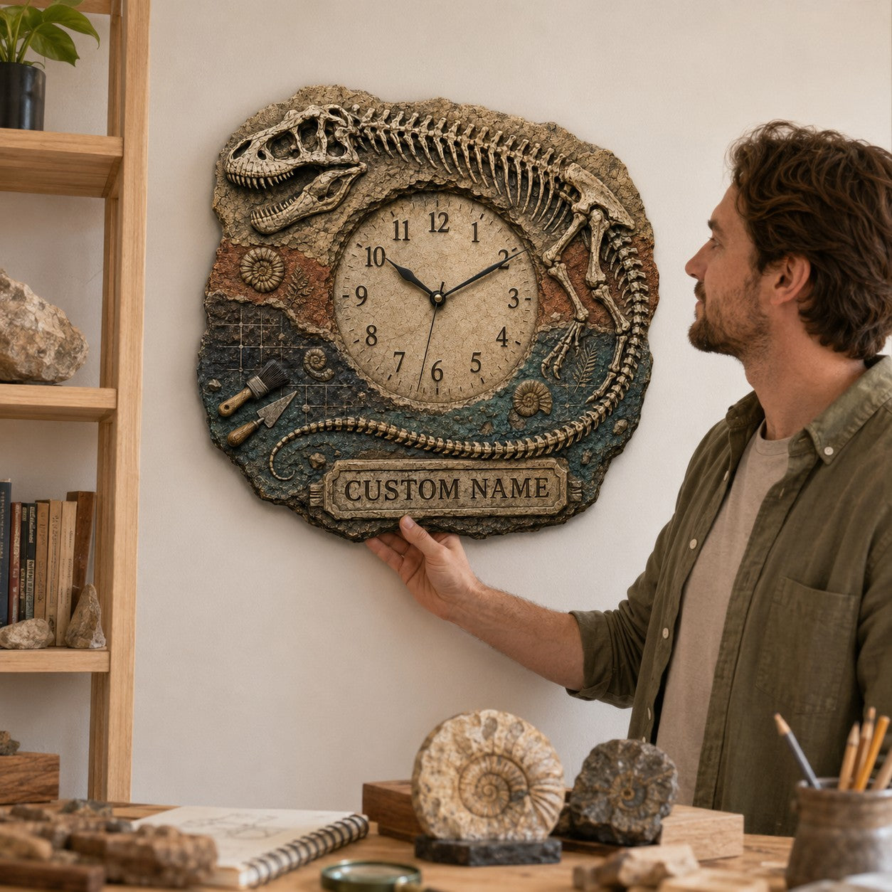 Personalized T Rex Skeleton Wall Clock with Custom Name — personalized with a custom name
