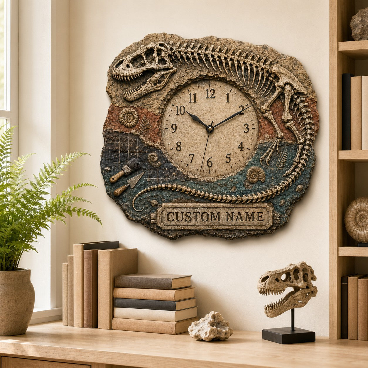Personalized T Rex Skeleton Wall Clock with Custom Name — personalized with a custom name
