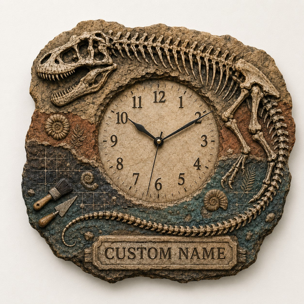 Personalized T Rex Skeleton Wall Clock with Custom Name — personalized with a custom name