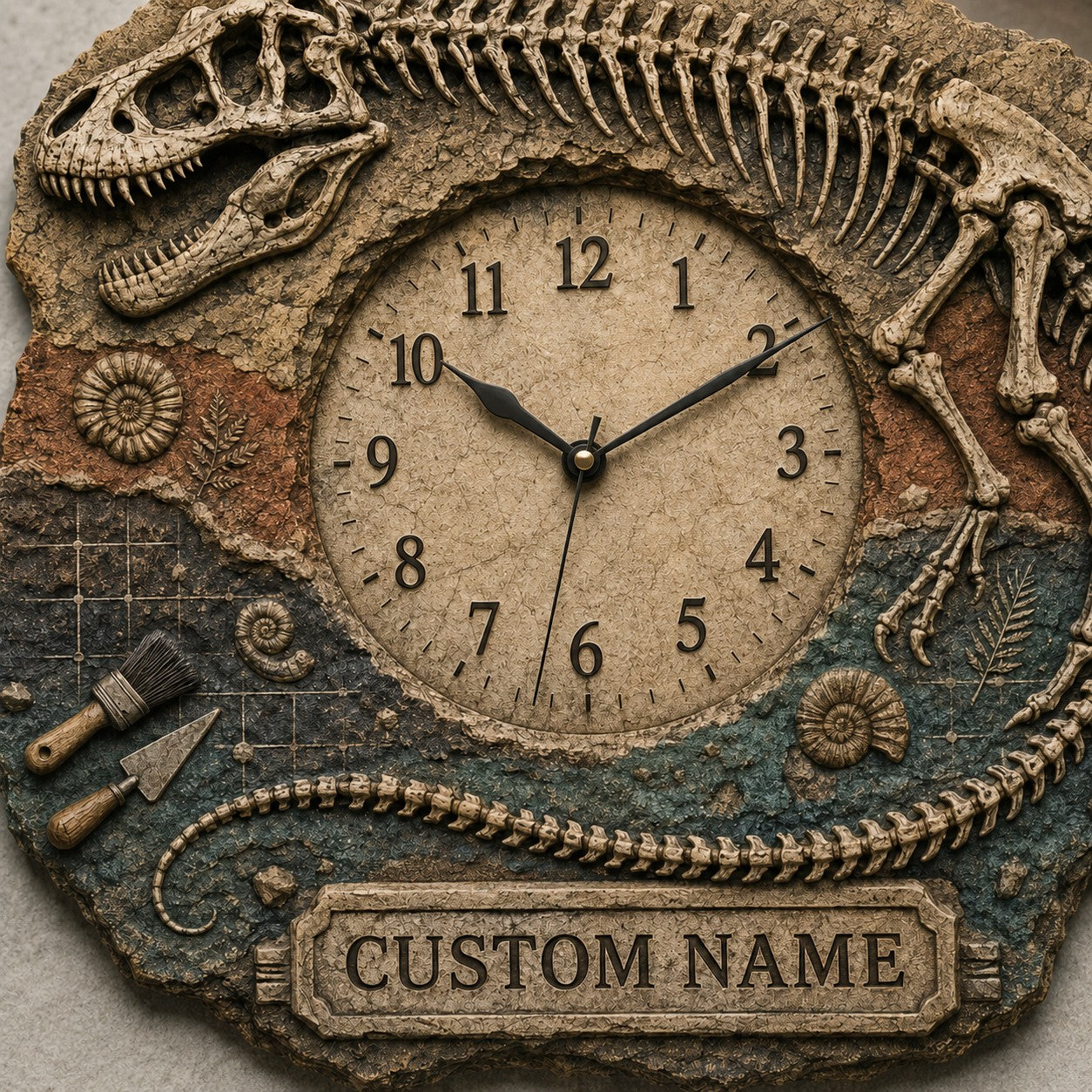 Personalized T Rex Skeleton Wall Clock with Custom Name — personalized with a custom name