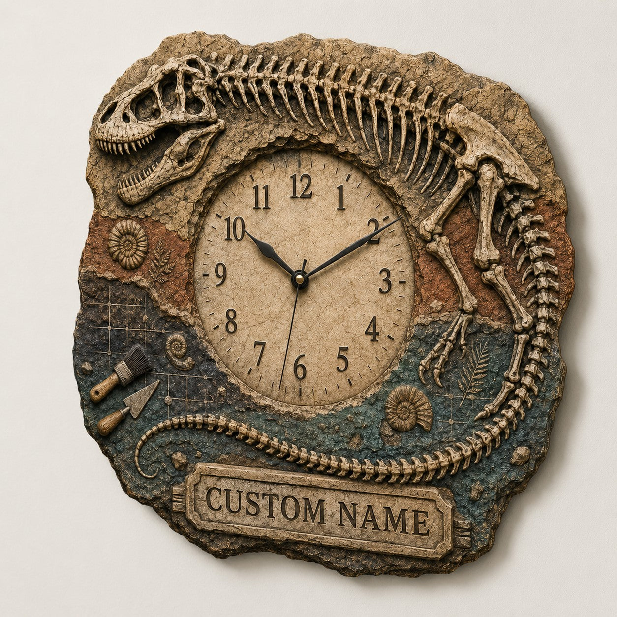 Personalized T Rex Skeleton Wall Clock with Custom Name — personalized with a custom name