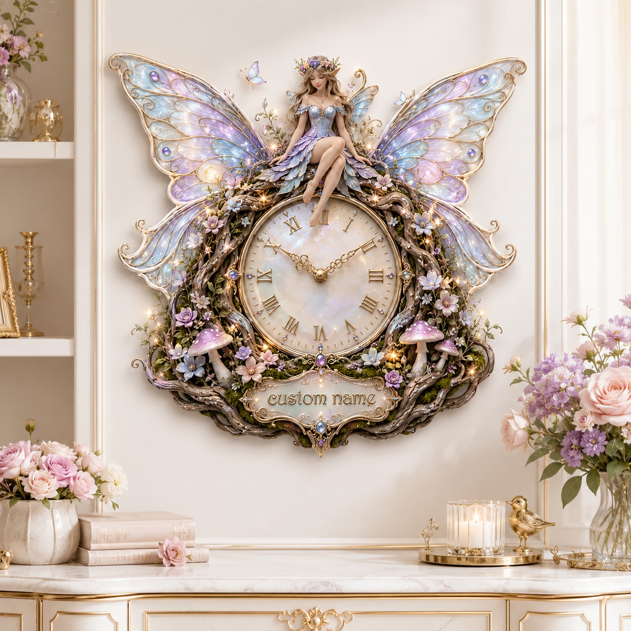 Personalized Enchanted Woodland Fairy Wall Clock with Custom Name — personalized with a custom name