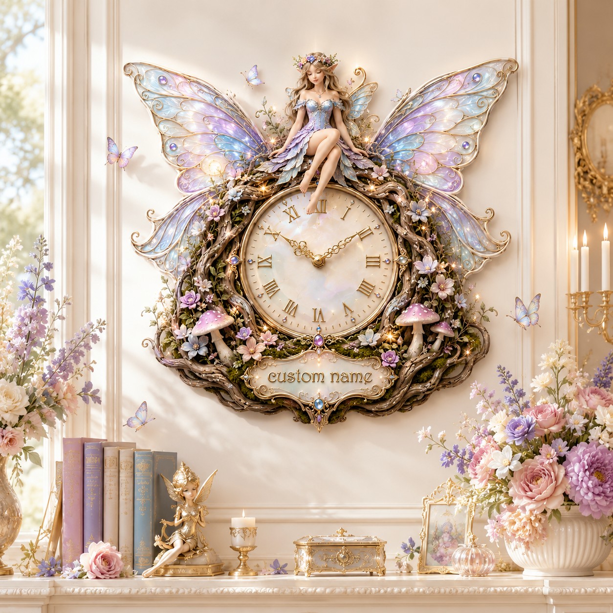 Personalized Enchanted Woodland Fairy Wall Clock with Custom Name — personalized with a custom name