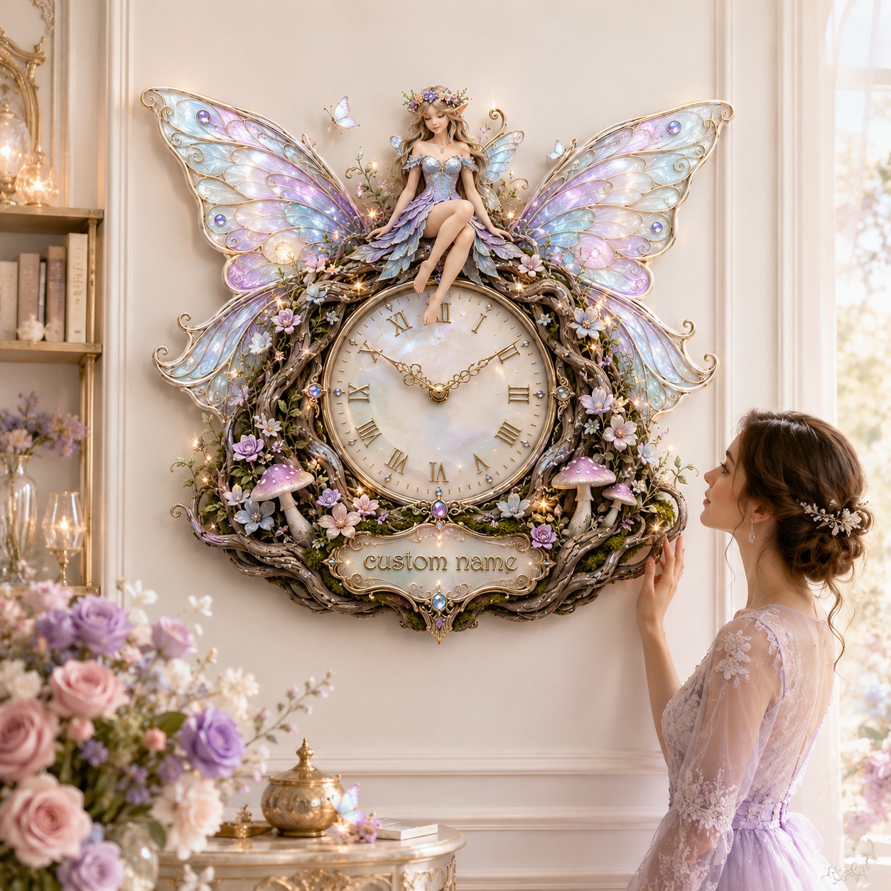 Personalized Enchanted Woodland Fairy Wall Clock with Custom Name — personalized with a custom name
