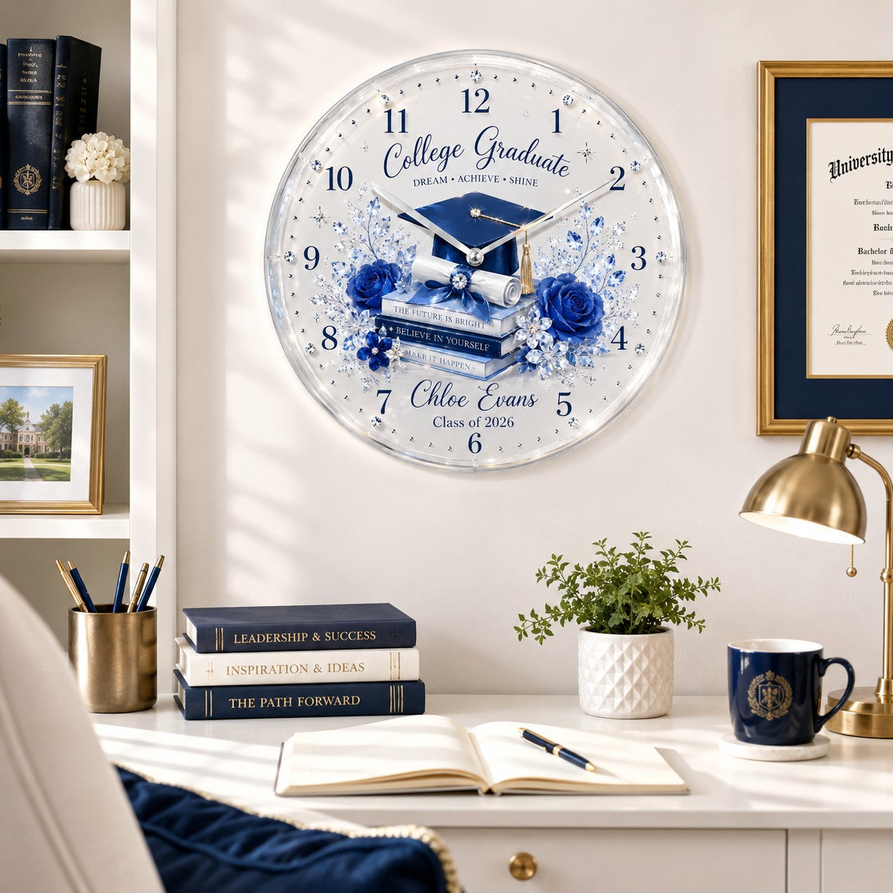Personalized College Graduation Wall Clock with Custom Name — personalized with a custom name