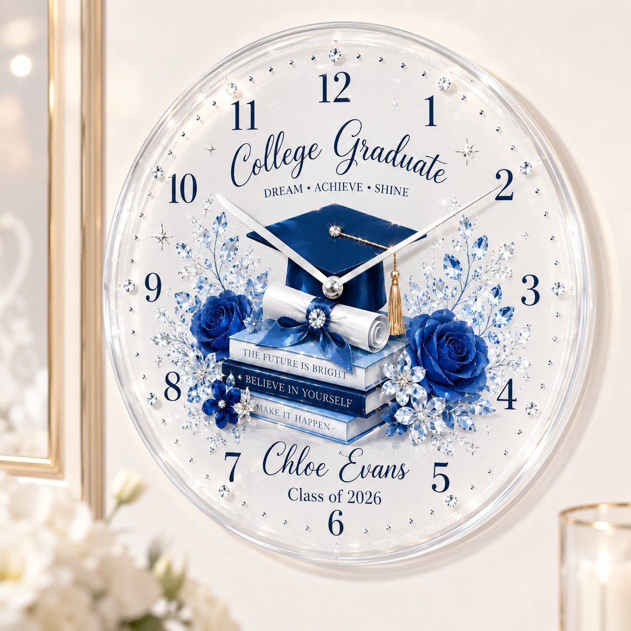 Personalized College Graduation Wall Clock with Custom Name — personalized with a custom name