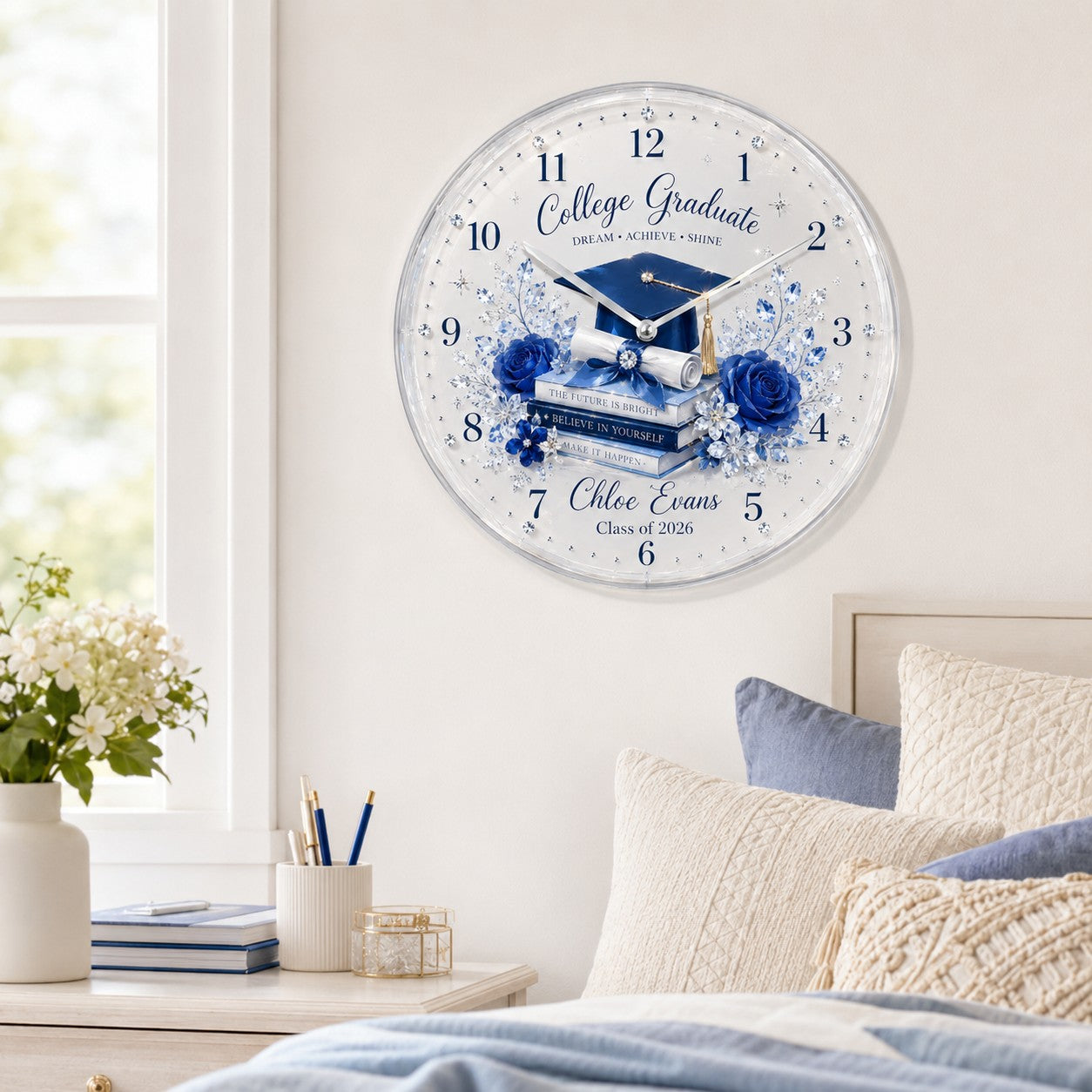Personalized College Graduation Wall Clock with Custom Name — personalized with a custom name