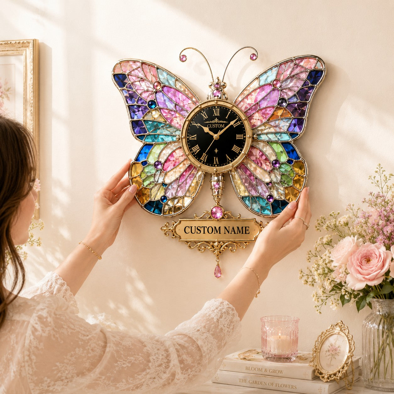 Personalized Stained Glass Butterfly Wall Clock with Custom Name — personalized with a custom name