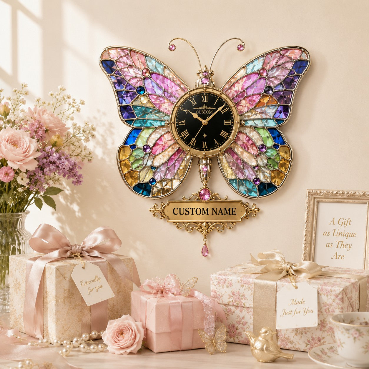 Personalized Stained Glass Butterfly Wall Clock with Custom Name — personalized with a custom name