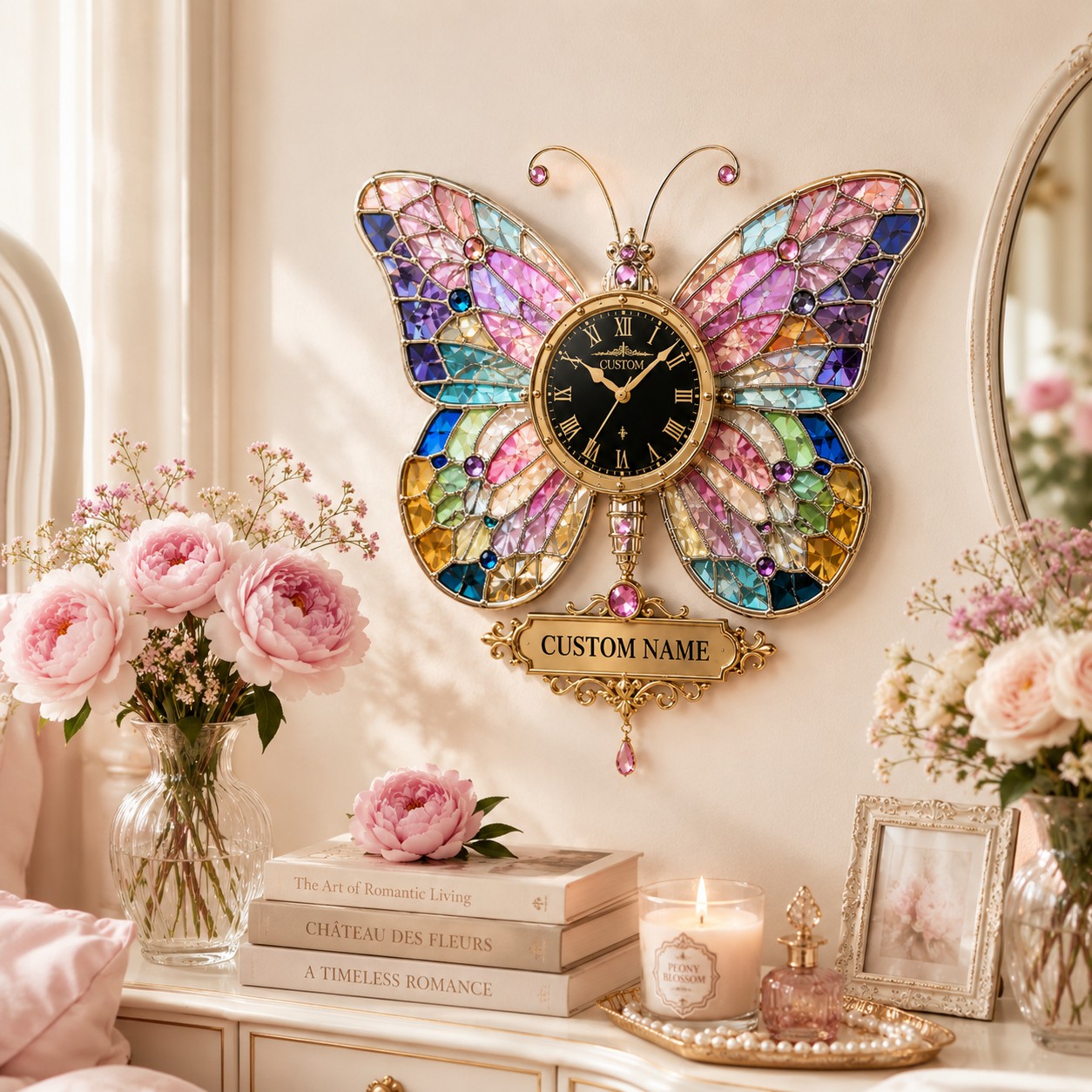 Personalized Stained Glass Butterfly Wall Clock with Custom Name — personalized with a custom name