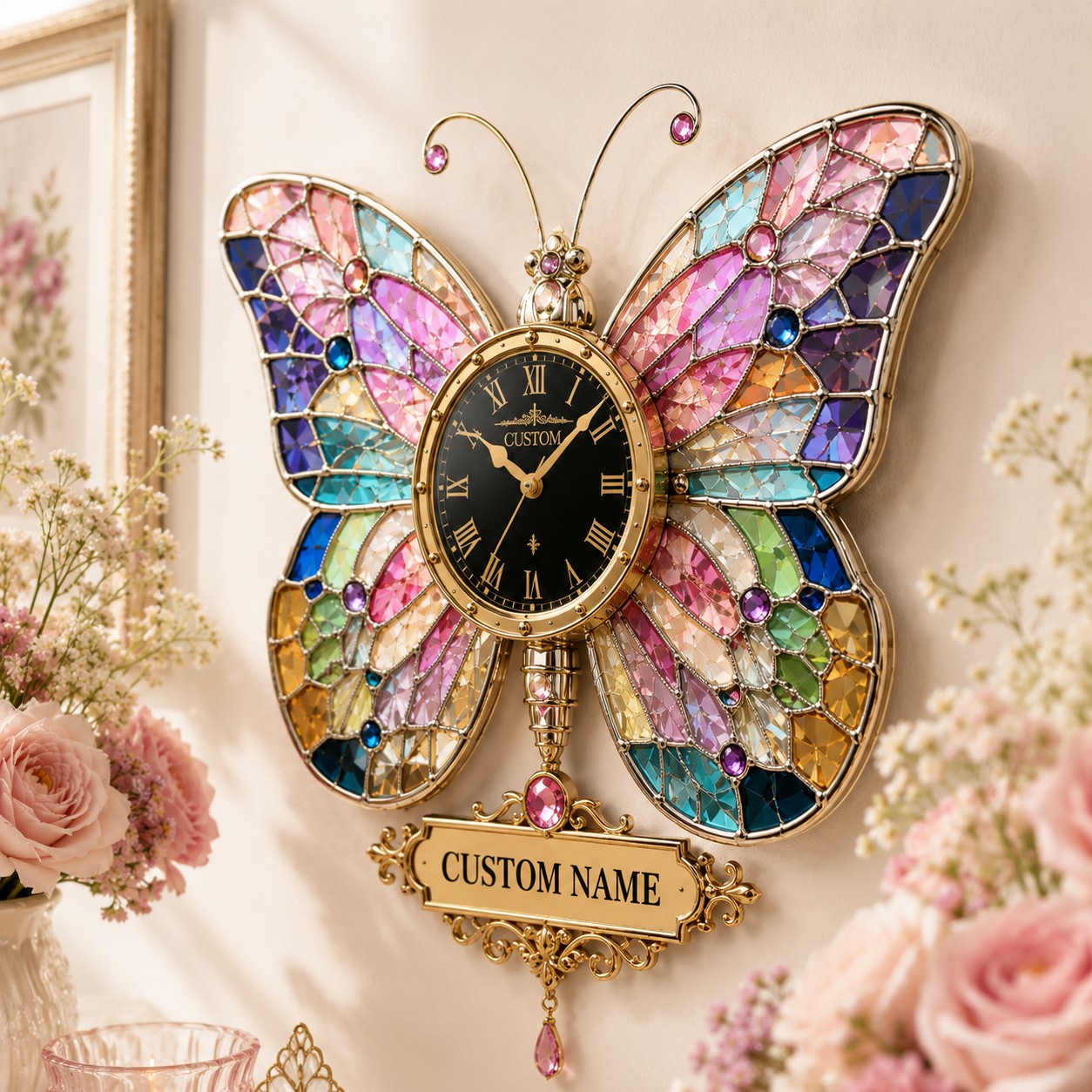 Personalized Stained Glass Butterfly Wall Clock with Custom Name — personalized with a custom name