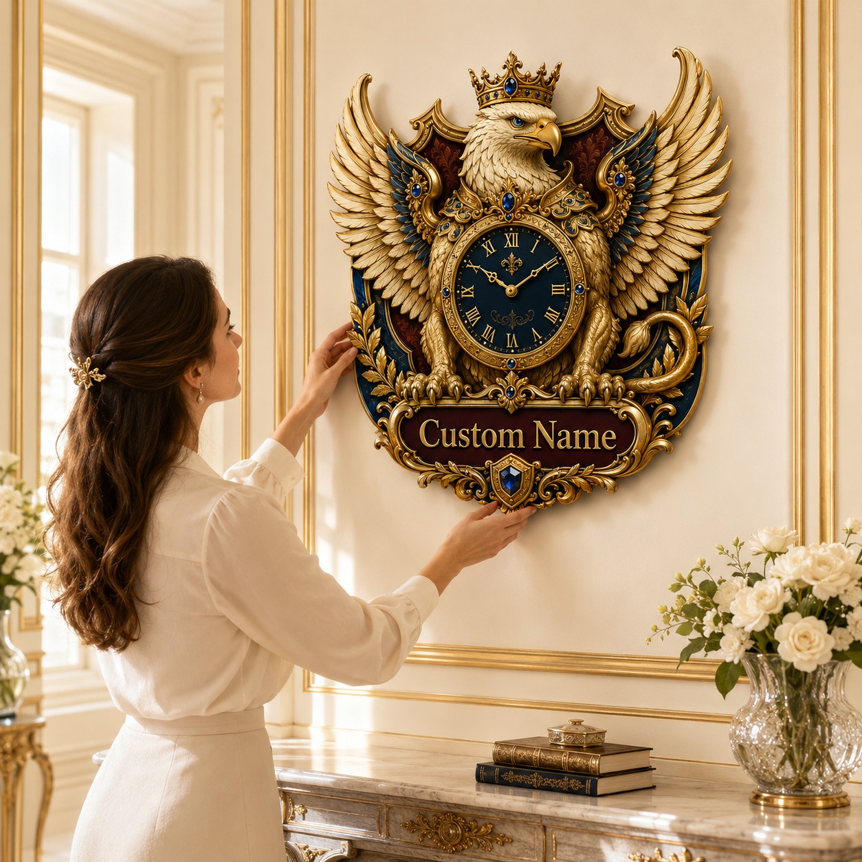 Personalized Crowned Eagle Wall Clock with Custom Name — personalized with a custom name