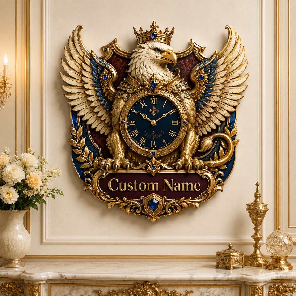 Personalized Crowned Eagle Wall Clock with Custom Name — personalized with a custom name
