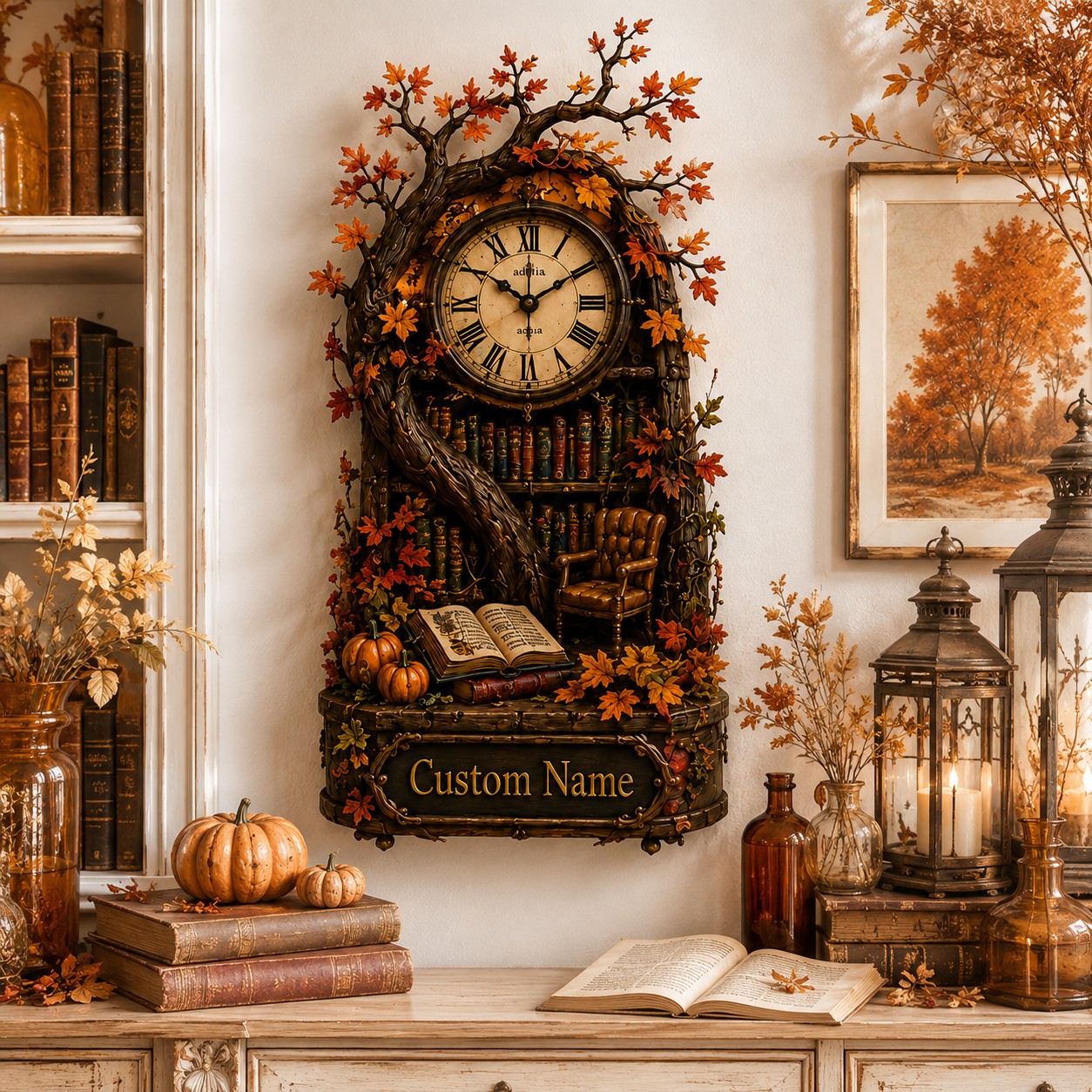 Personalized Autumn Reading Nook Wall Clock with Custom Name — personalized with a custom name
