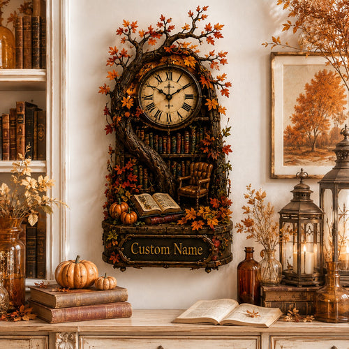 Personalized Autumn Reading Nook Wall Clock with Custom Name — personalized with a custom name