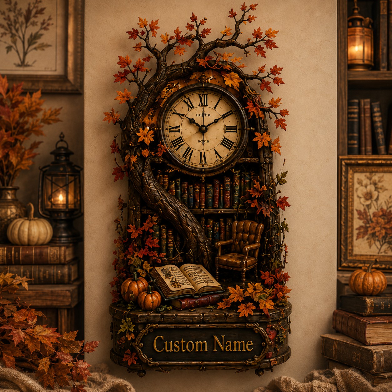 Personalized Autumn Reading Nook Wall Clock with Custom Name — personalized with a custom name