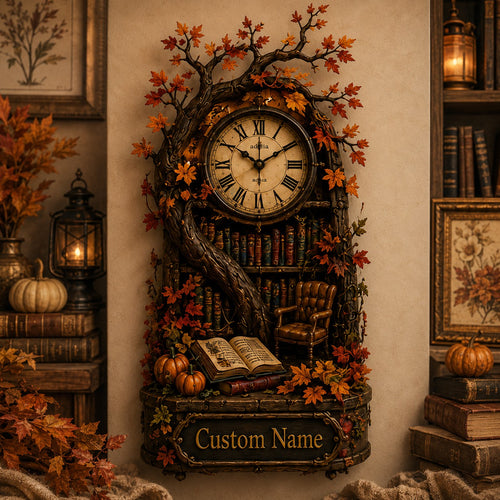 Personalized Autumn Reading Nook Wall Clock with Custom Name — personalized with a custom name