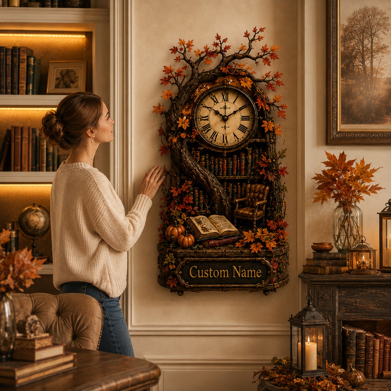 Personalized Autumn Reading Nook Wall Clock with Custom Name — personalized with a custom name