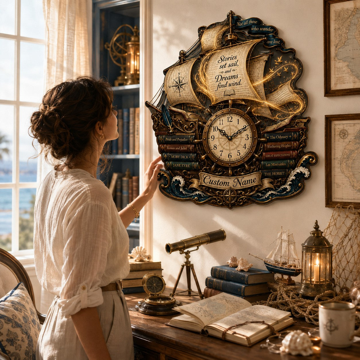 Personalized Nautical Book Lover Wall Clock with Custom Name — personalized with a custom name