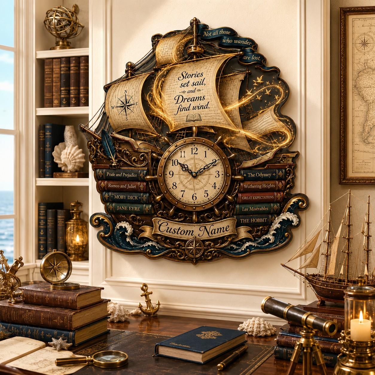 Personalized Nautical Book Lover Wall Clock with Custom Name — personalized with a custom name