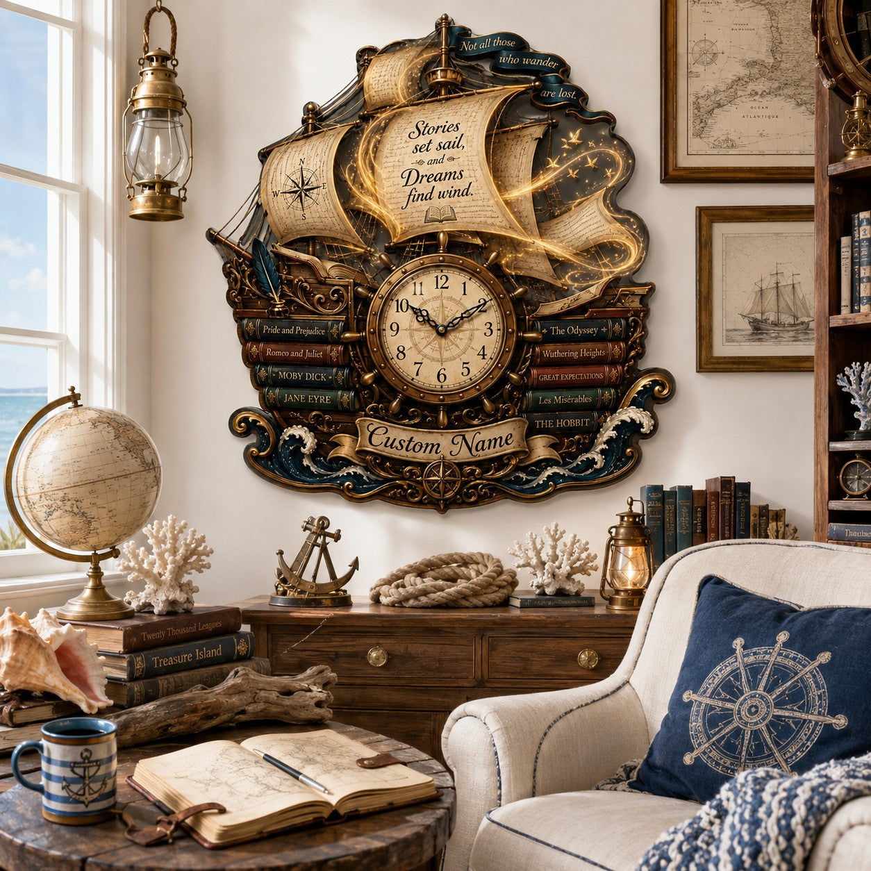 Personalized Nautical Book Lover Wall Clock with Custom Name — personalized with a custom name