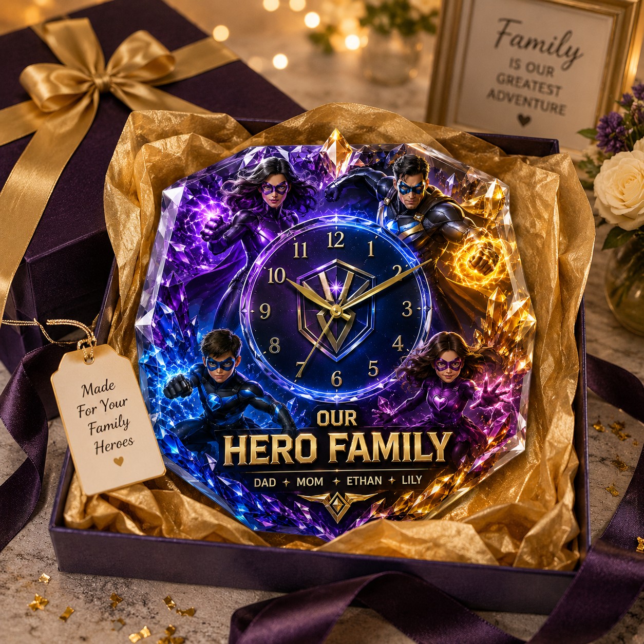 Personalized Hero Family Wall Clock, Family Keepsake with Custom Name — personalized with a custom name