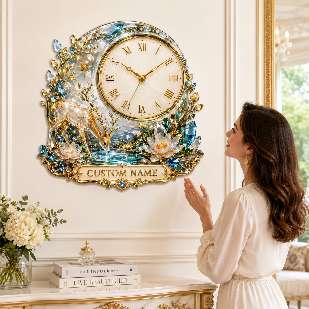 Personalized Enchanted Forest Deer Wall Clock with Custom Name — personalized with a custom name