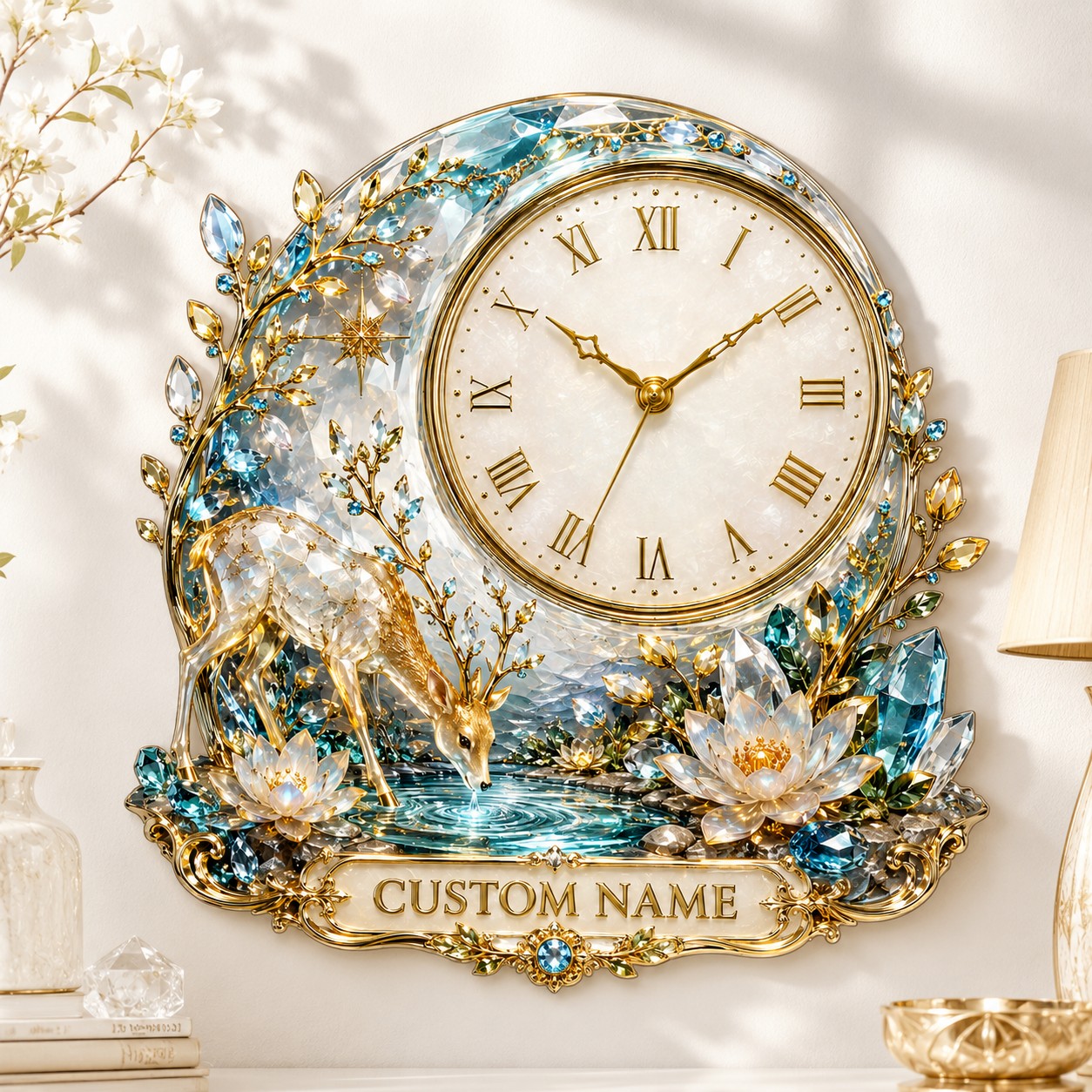 Personalized Enchanted Forest Deer Wall Clock with Custom Name — personalized with a custom name