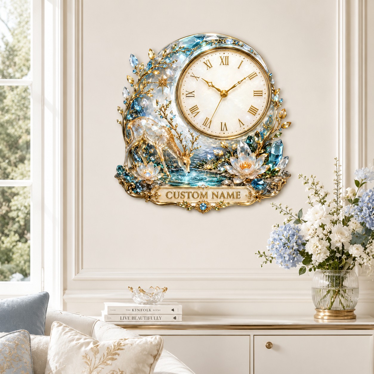 Personalized Enchanted Forest Deer Wall Clock with Custom Name — personalized with a custom name