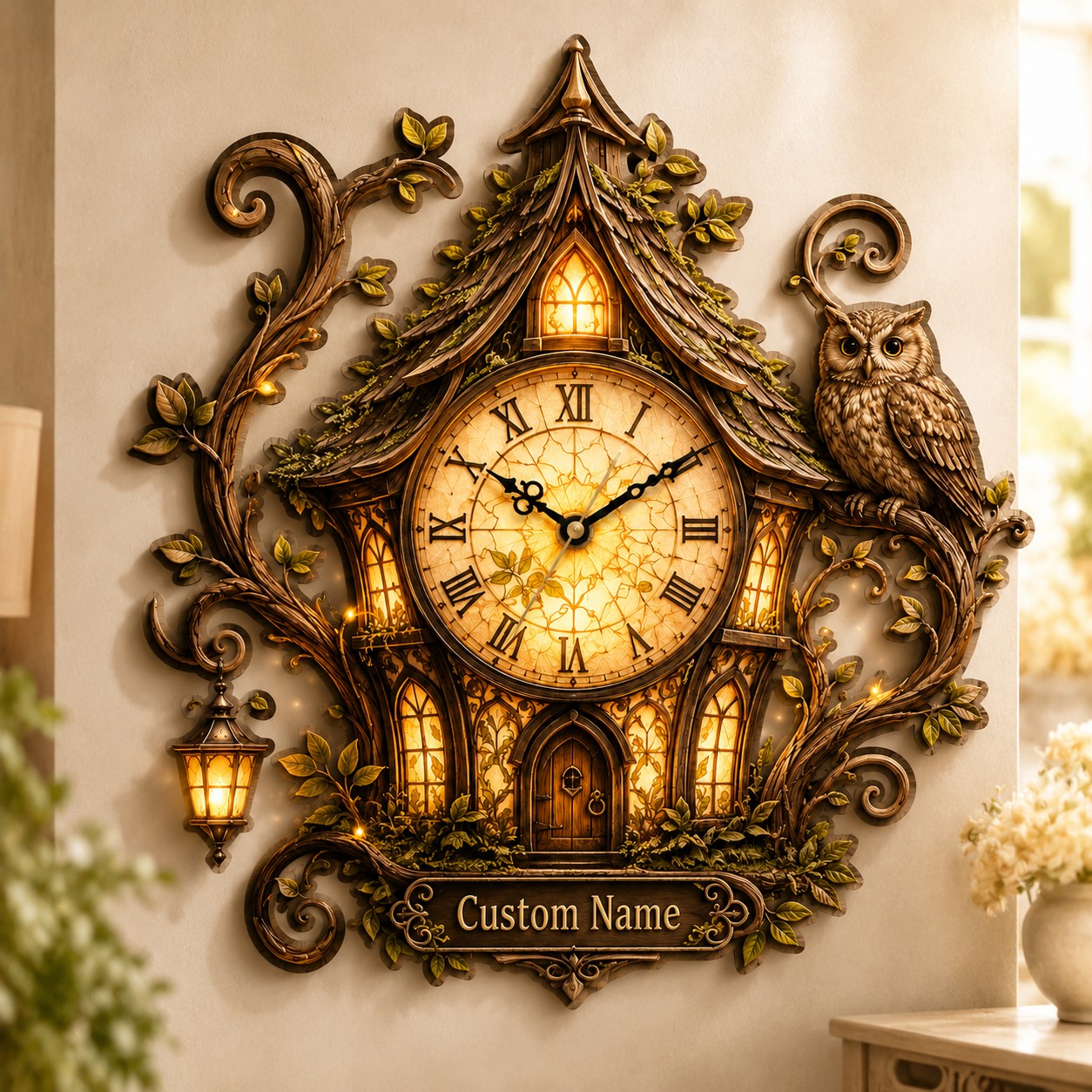 Personalized Owl Cottage Wall Clock with Custom Name — personalized with a custom name