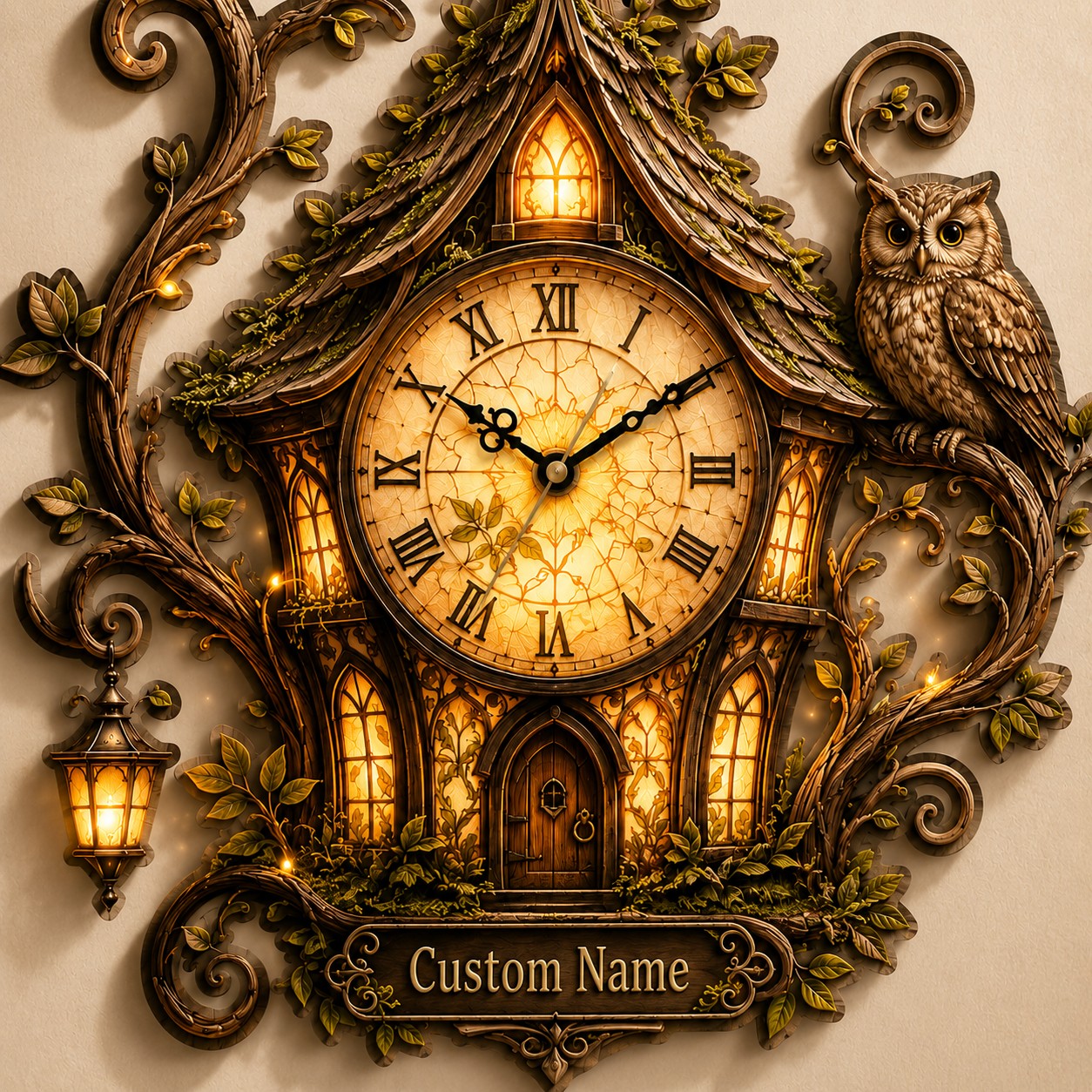 Personalized Owl Cottage Wall Clock with Custom Name — personalized with a custom name