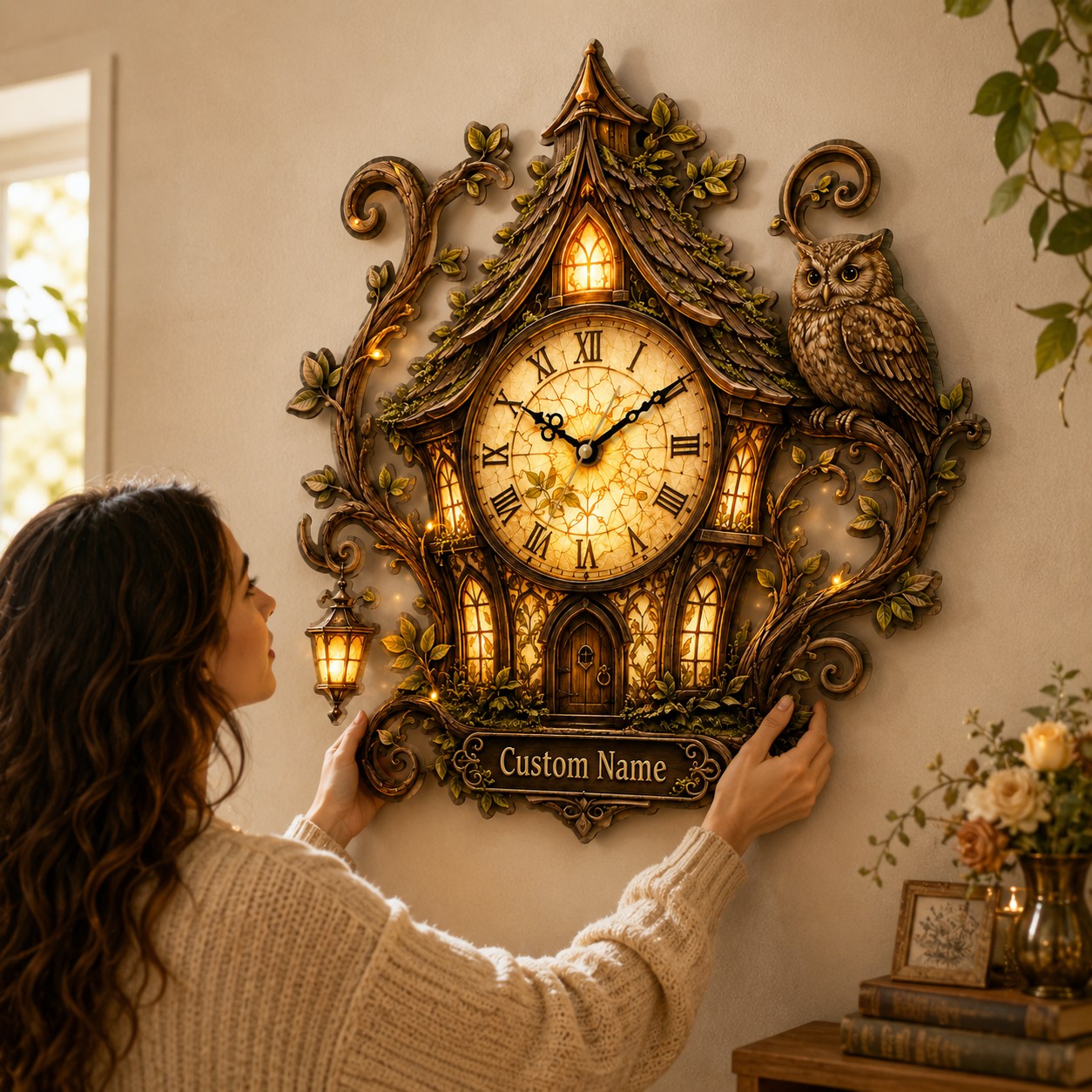 Personalized Owl Cottage Wall Clock with Custom Name — personalized with a custom name