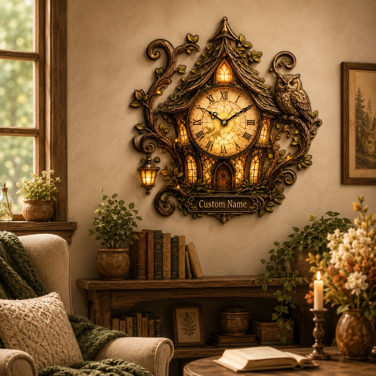 Personalized Owl Cottage Wall Clock with Custom Name — personalized with a custom name