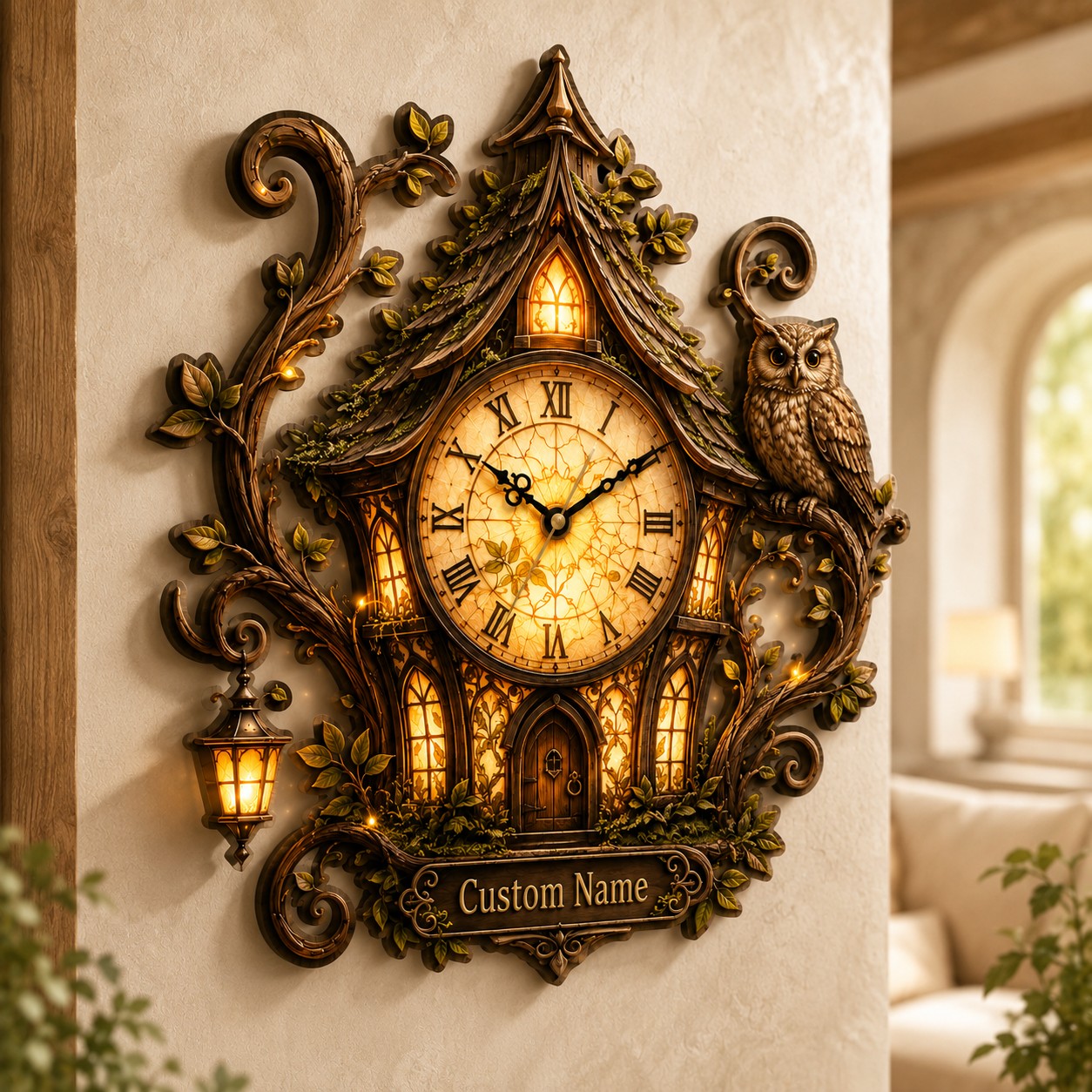 Personalized Owl Cottage Wall Clock with Custom Name — personalized with a custom name