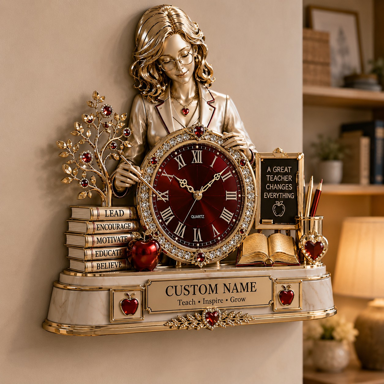 Personalized Teacher Appreciation Wall Clock with Custom Name — personalized with a custom name