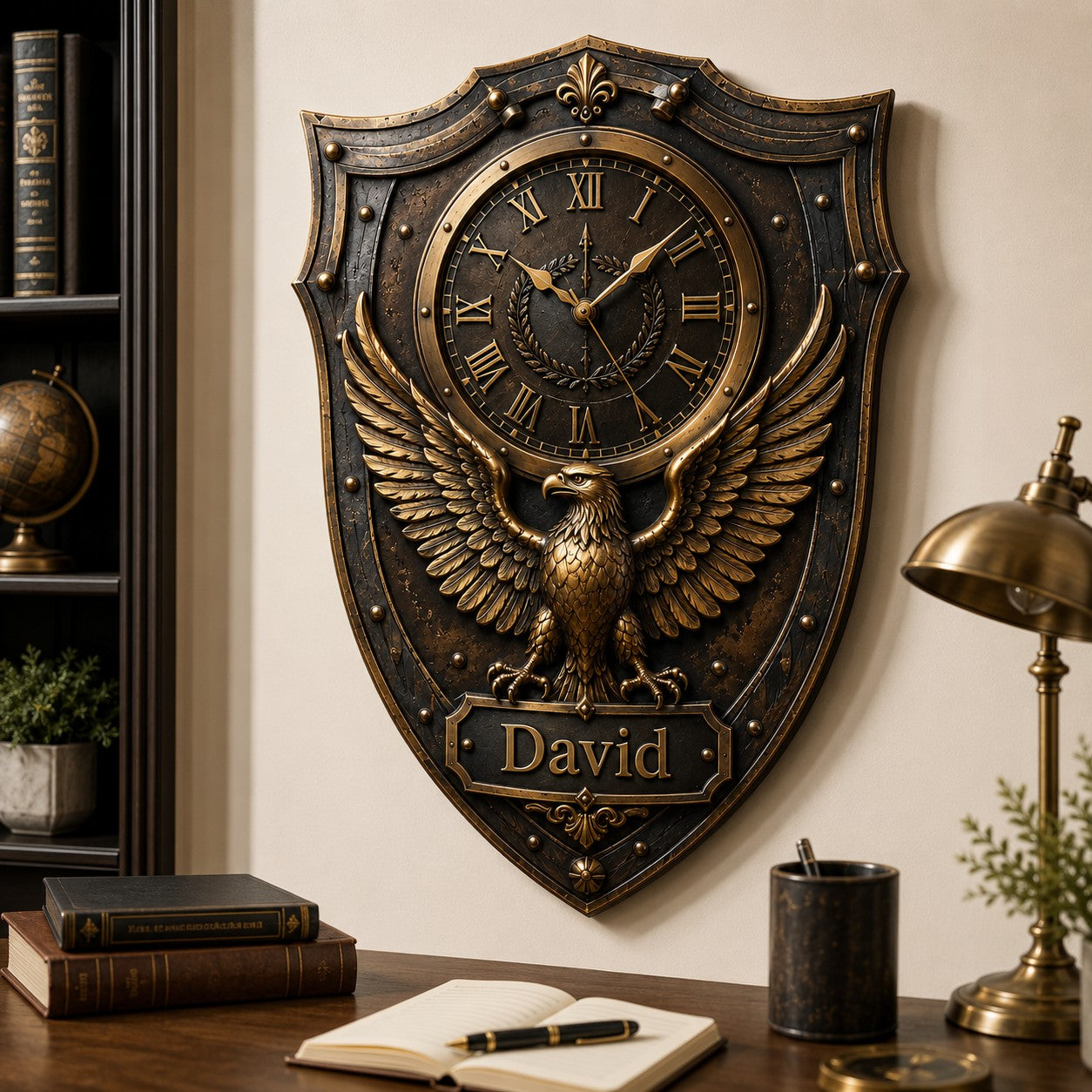 Personalized Eagle Shield Wall Clock with Custom Name — personalized with a custom name