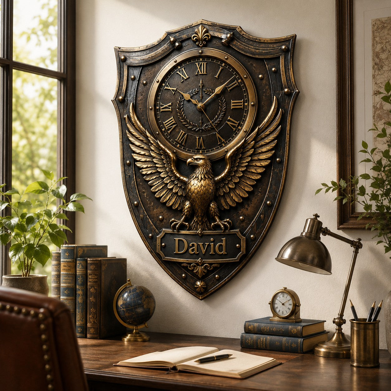 Personalized Eagle Shield Wall Clock with Custom Name — personalized with a custom name