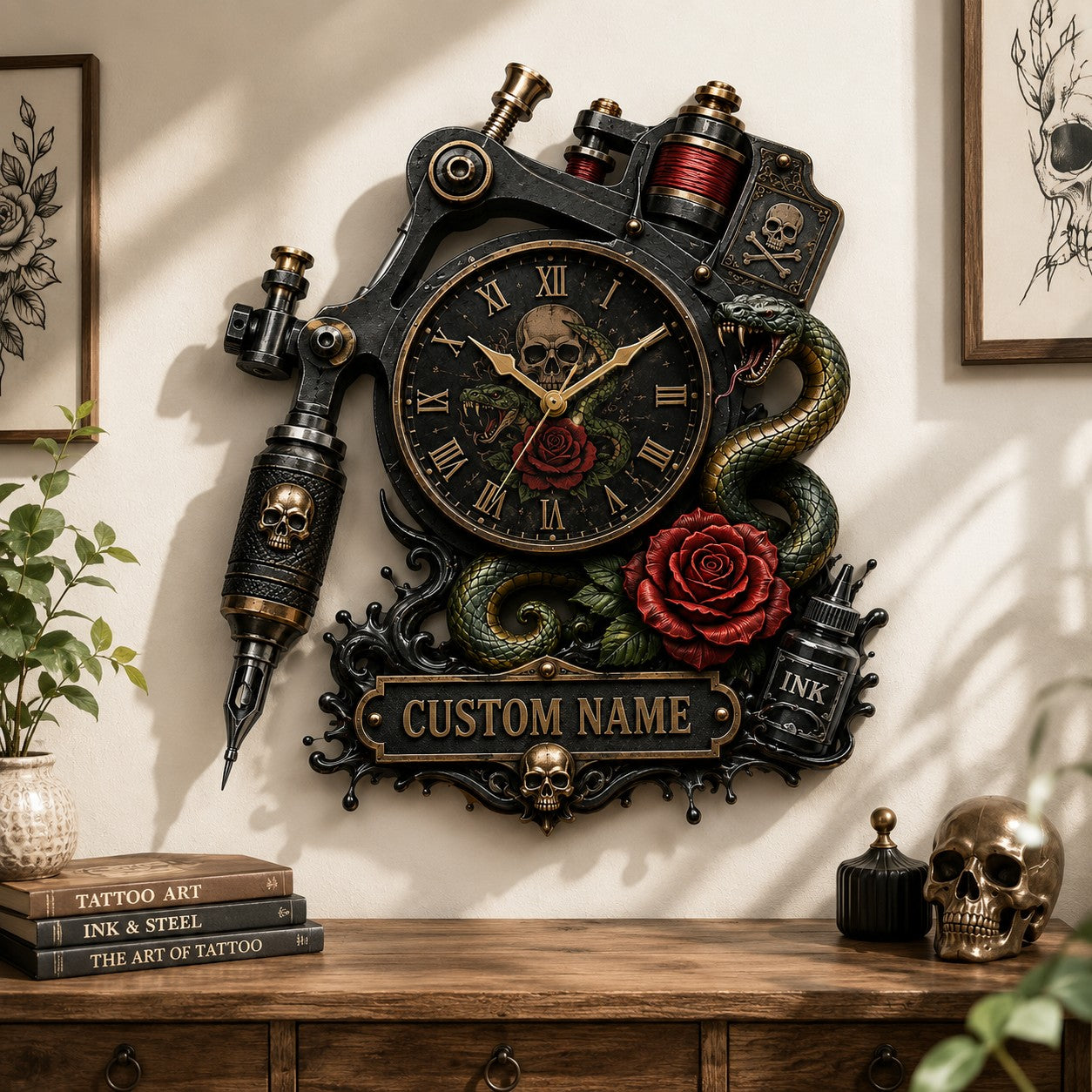 Personalized Tattoo Artists Wall Clock with Custom Name — personalized with a custom name